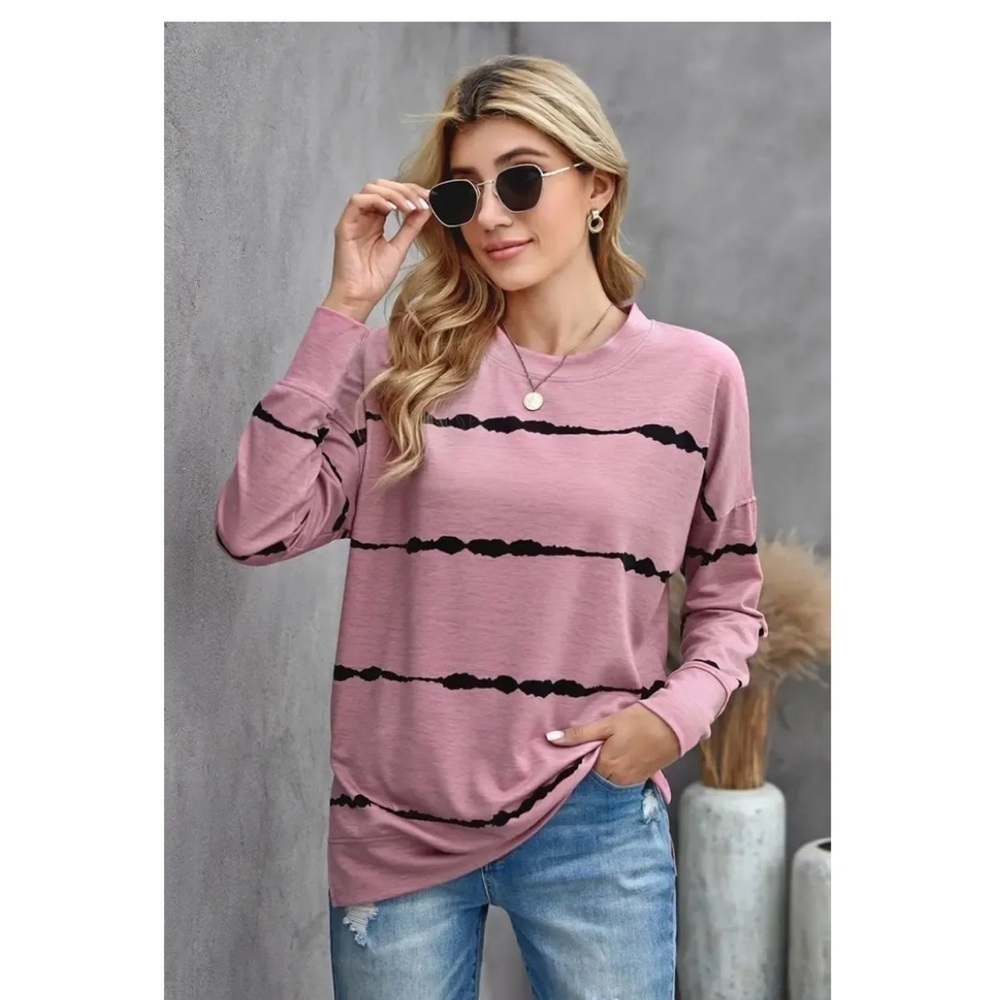 Charmo Long Sleeve Crewneck Sweatshirt Striped Printed Pullover, Pink